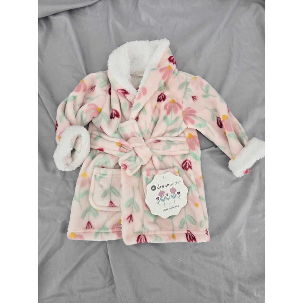 Dreamkids baby girl  0-12mo Pink Floral Plush Bath‎ Robe Sherpa Trim  Nwt
